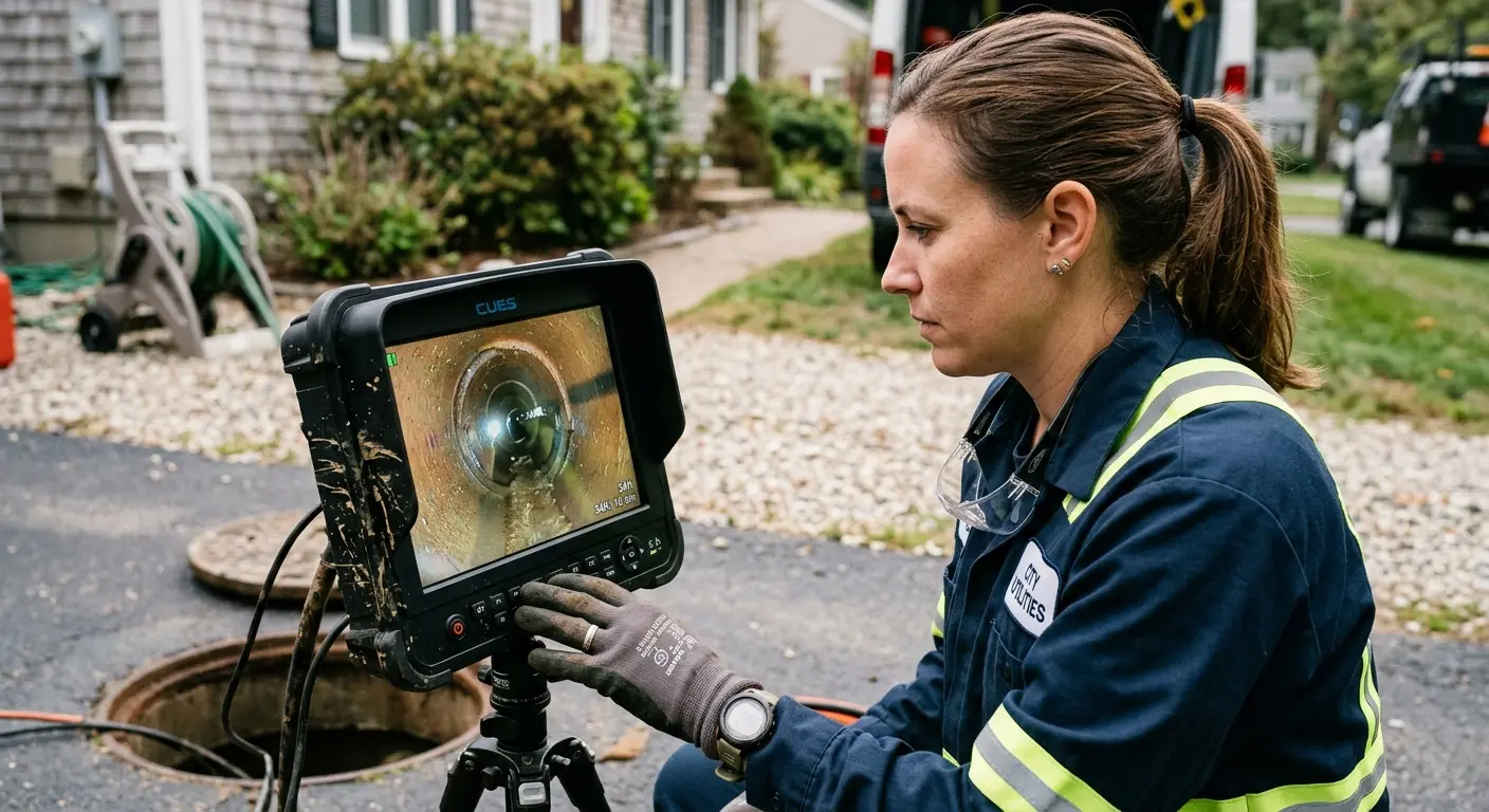 Technician reviewing sewer camera inspection footage in Elk Grove