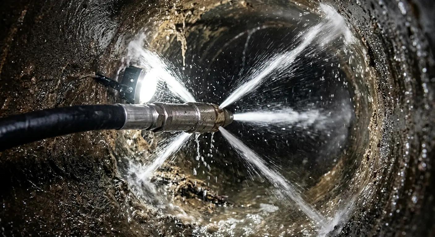 High-pressure hydro jetting nozzle cleaning sewer pipe for Emergency Drain Service in Elk Grove