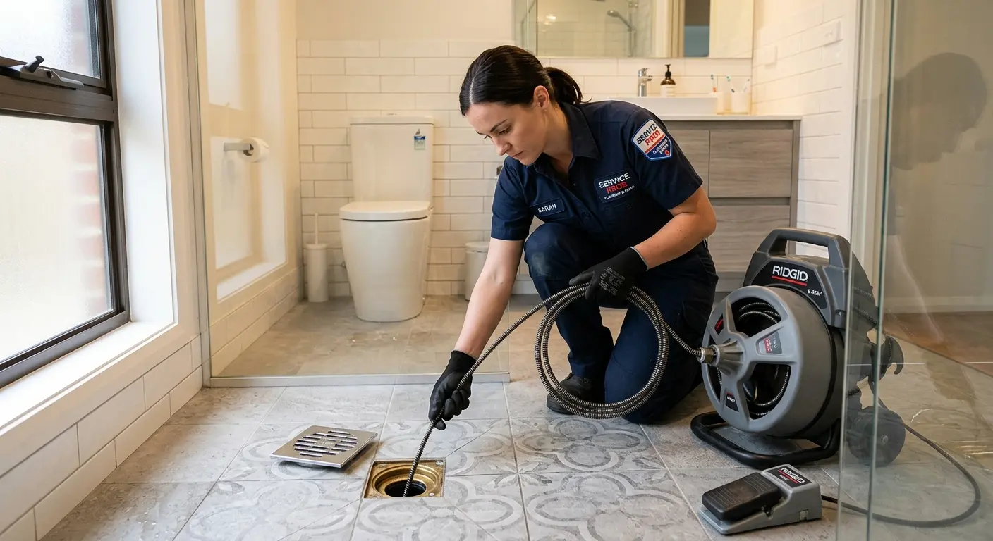 Technician clearing a bathroom floor drain for Sewer Line Replacement in Elk Grove